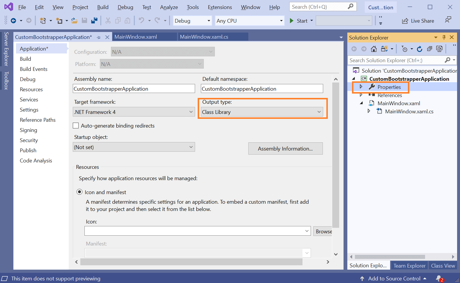 Changing the output type of the project