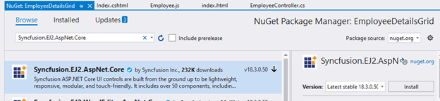 switch to the Browse tab and search for the Syncfusion.EJ2.AspNet.Core NuGet package. Then, install it in your application