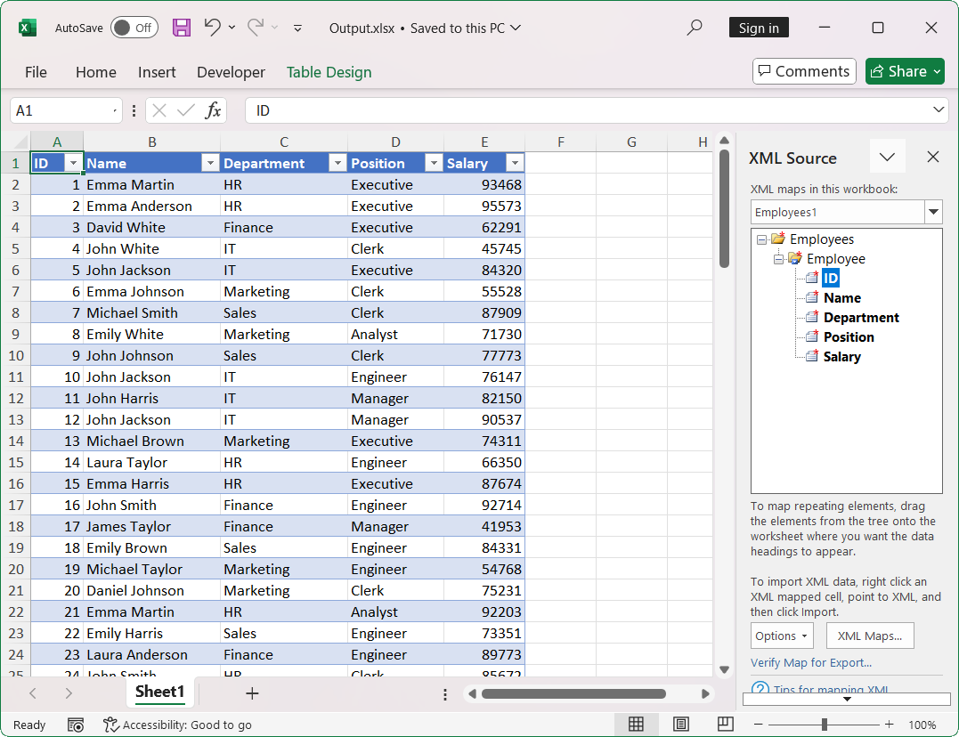 Exporting XML data to an Excel document